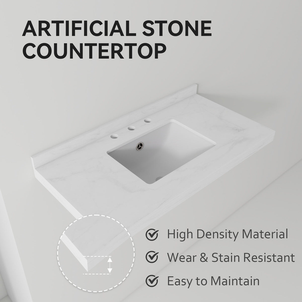 Basin Sink, Triple Faucet Holes, 2" Thick Rim, Sink Only