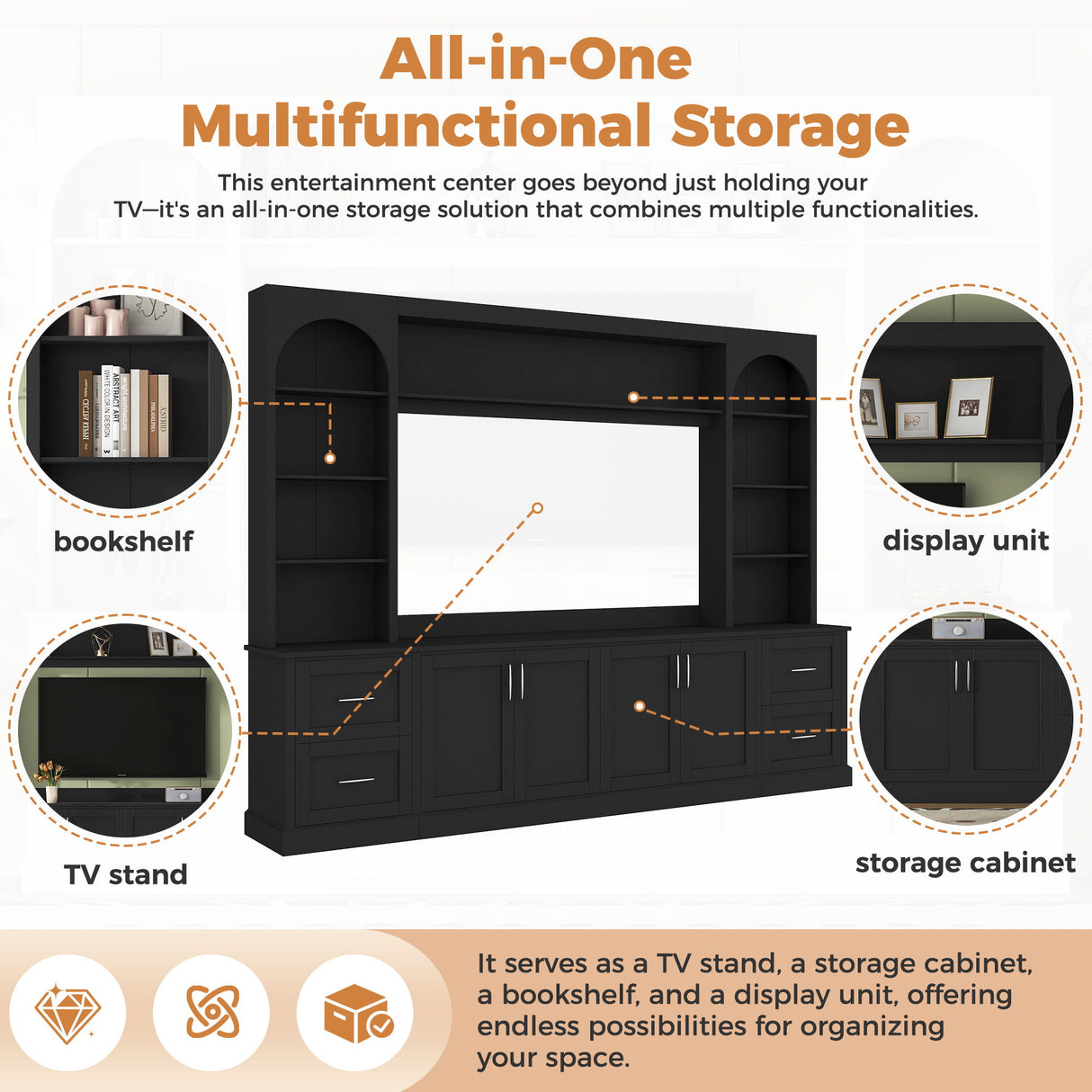 Arched Entertainment Center Wall Unit With Drawers, TV Stand