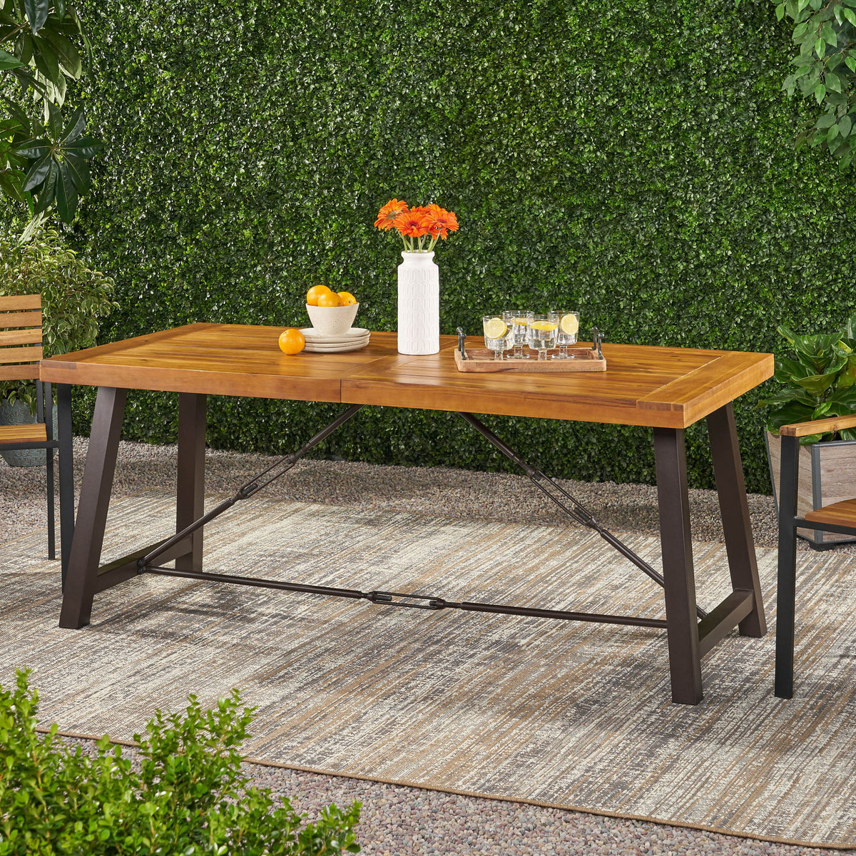 Outdoor Dining Table With Slat Wooden Panel And Turnbuckle Accents - Teak