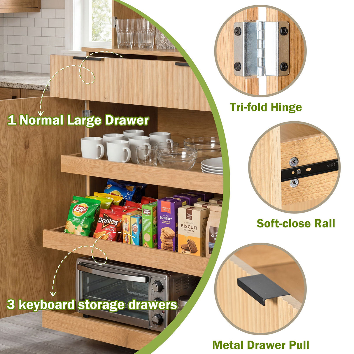 Fluted Kitchen Pantry Cabinet With 3 Keyboard Drawers & 6 Door Shelves Adjustable