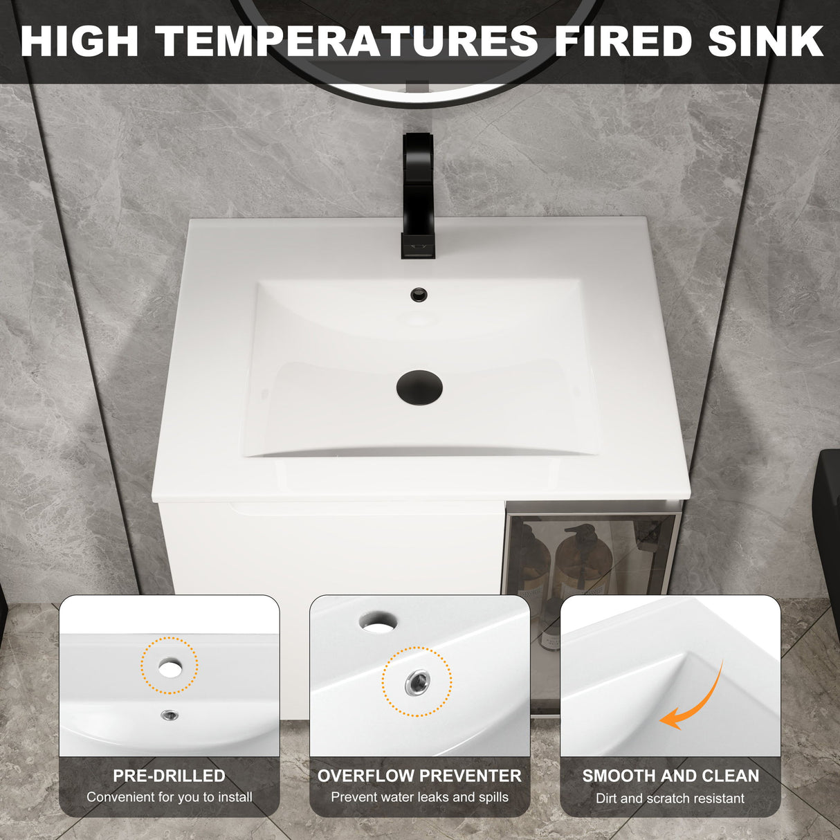 Wall Mounted Bathroom Vanity With Sink, 2 Soft Close Doors, Cabinet & Half Door