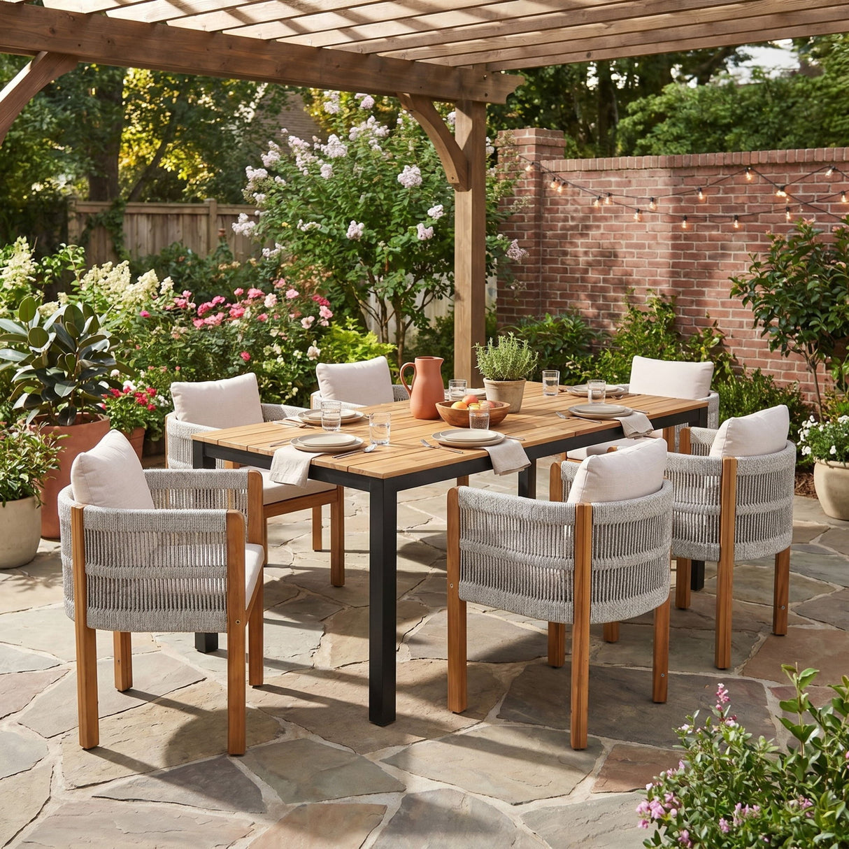Outdoor Dining Set & Table And Rope Chairs