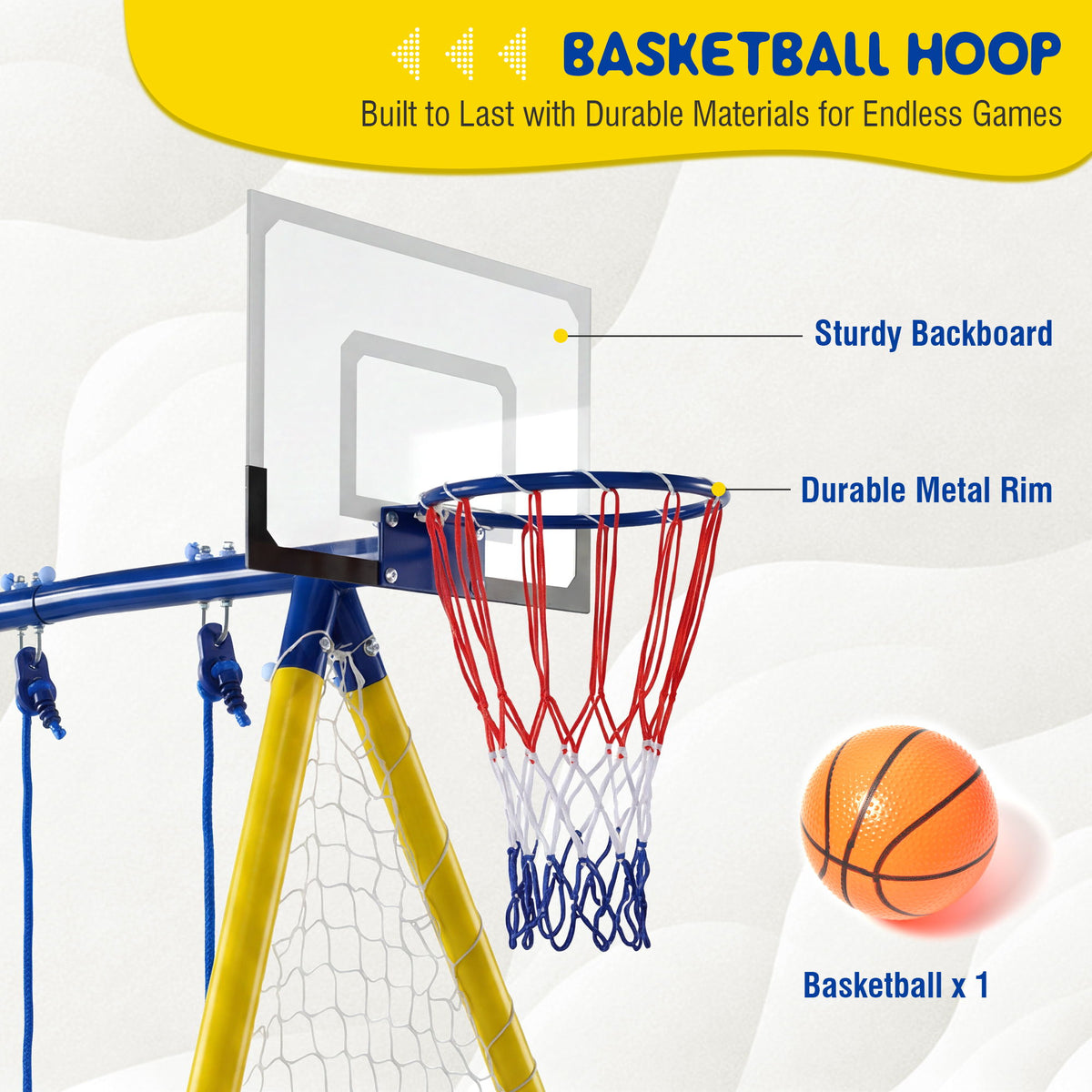 5 In 1 Kids Swing Set With Saucer Swing, Belt Swing, Basketball Hoop & Soccer Goal - Blue / Yellow