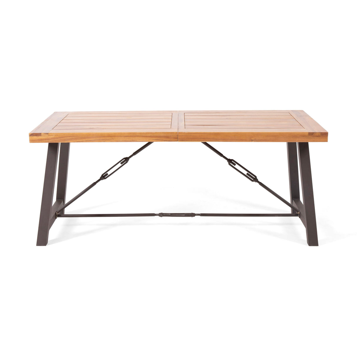 Outdoor Dining Table With Slat Wooden Panel And Turnbuckle Accents - Teak