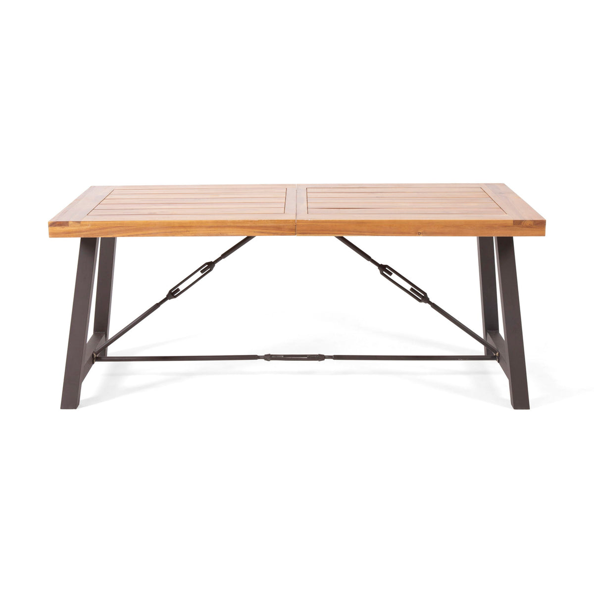 Outdoor Dining Table With Slat Wooden Panel And Turnbuckle Accents - Teak