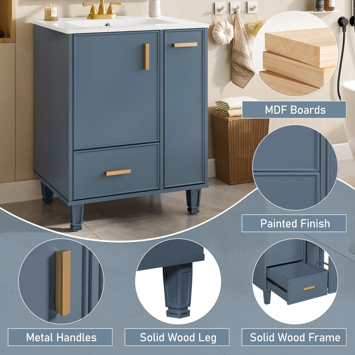 Bathroom Vanity With Sink, Deep Drawer, Door Shelf, 2 Tier Basket