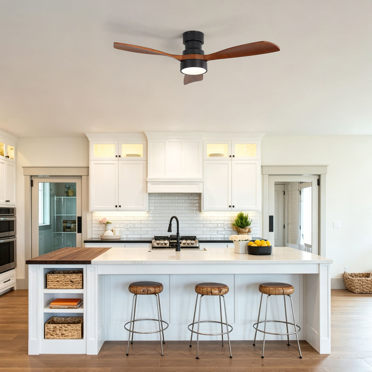 48" Ceiling Fan With Light, Dual Mount (Flush / Downrod), Dimmable LED, Quiet DC Motor, 3 Blades