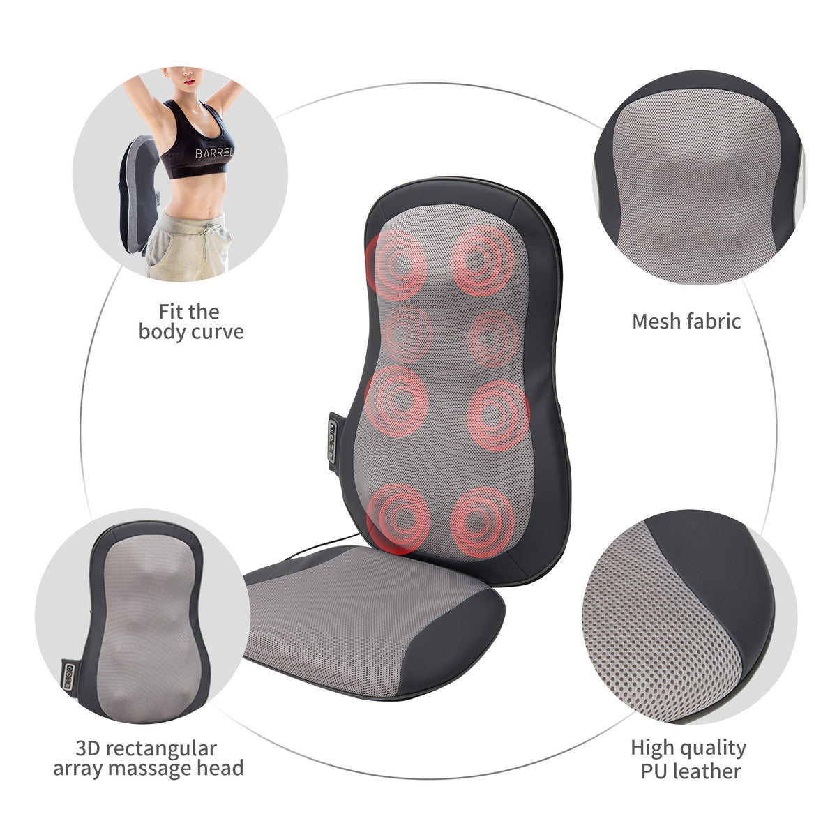 Therapeutic Shiatsu Massage Cushion With Heat Function, Polypropylene - Gray