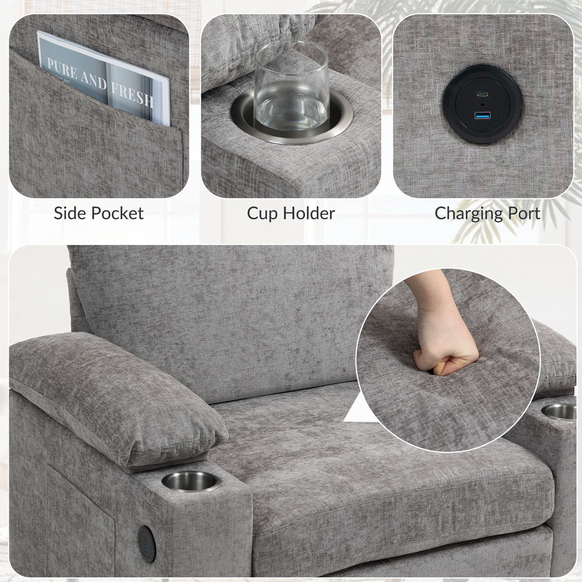 Modern Oversized Chair With Ottoman, Chenille Fabric Sofa Bed, Accent Chair Comfy Sofa With Cupholders And USB Charging Ports Chair For Living Room - Gray