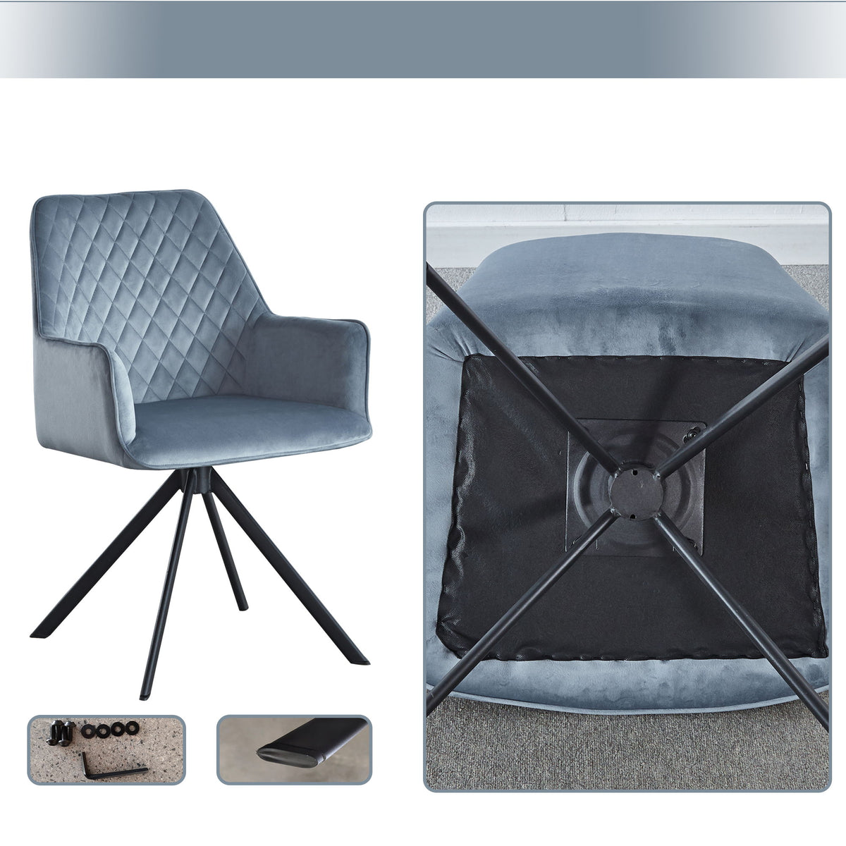 Modern Desk Chair No Wheel, Ergonomic Office Chair Home Office Upholstered Chair, Computer Chair For Bedroom, Reception Room, Living Room With Metal Legs - Blue