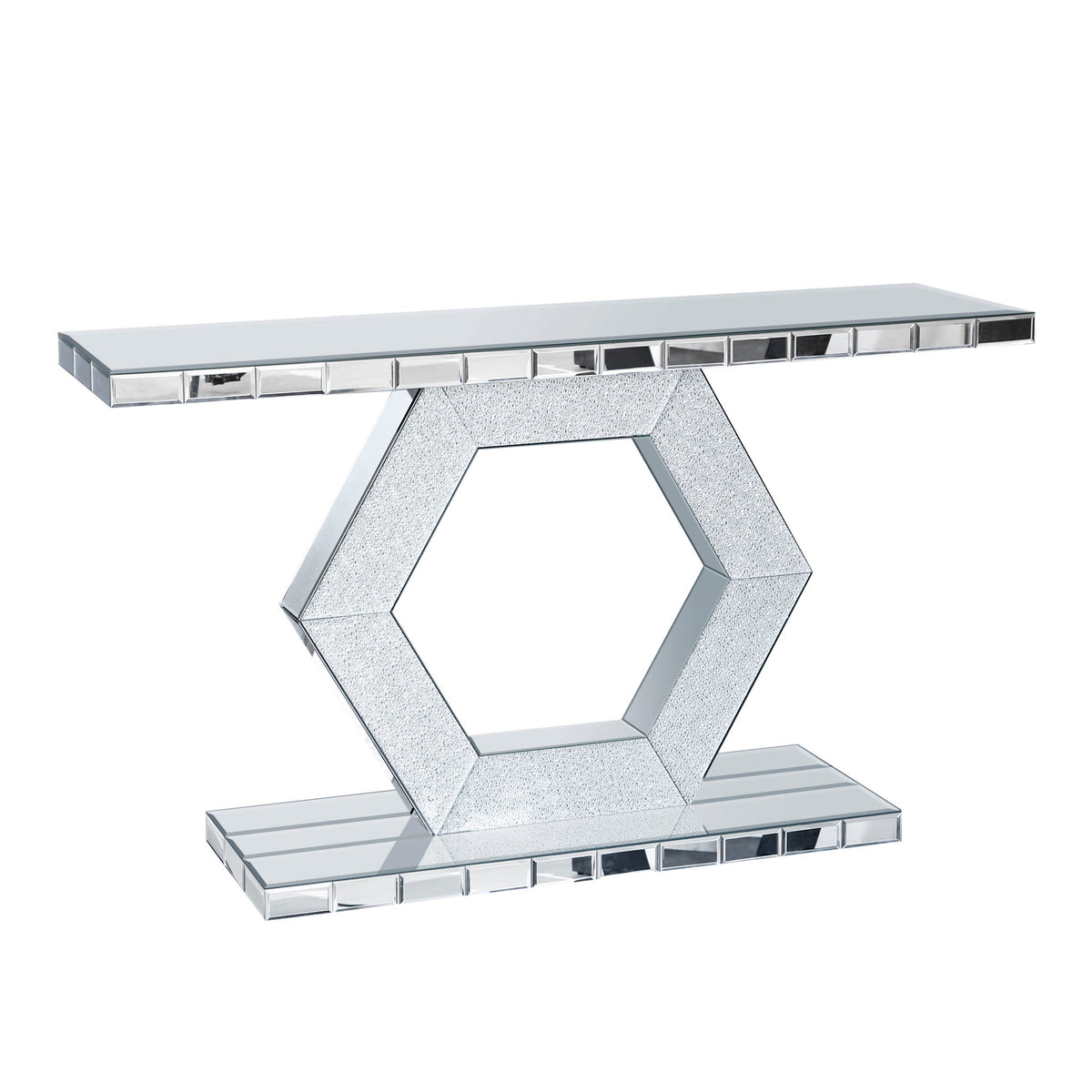 Sparkling Crystal Hexagon Mirror Entryway Premium Modern Foyer Console Table With Diamond Glass Effects, Dual Tier Luxury Sofa Table - Silver