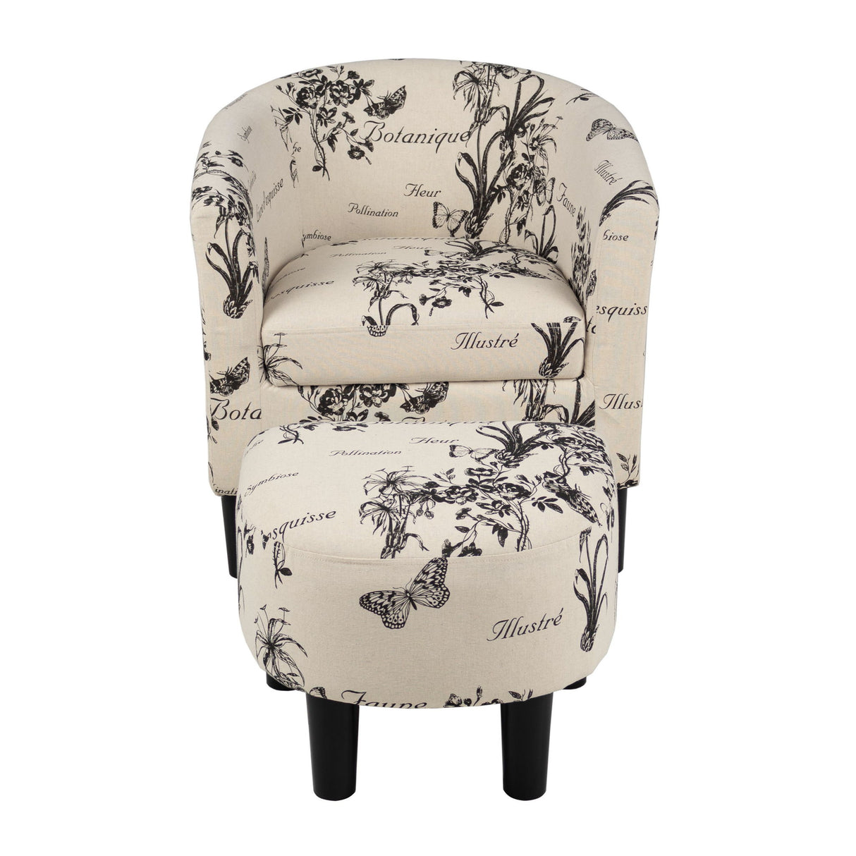 Accent Chair With Matching Ottoman Upholstered Round Backrest, Seating Set - Off White / White