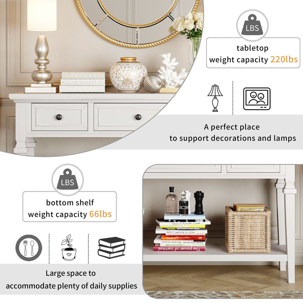 Classic Retro Style Console Table With 3 Top Drawers And Open Style Bottom Shelf - Antique White