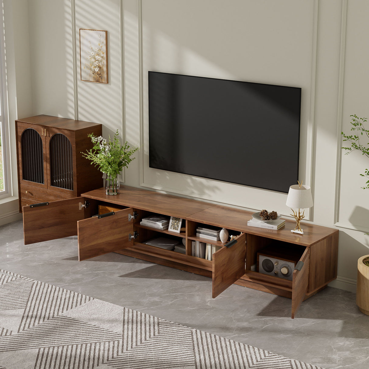 TV Stand, Entertainment Center & Fluted Door & Cable Management, Soft Closing Hinges - Walnut