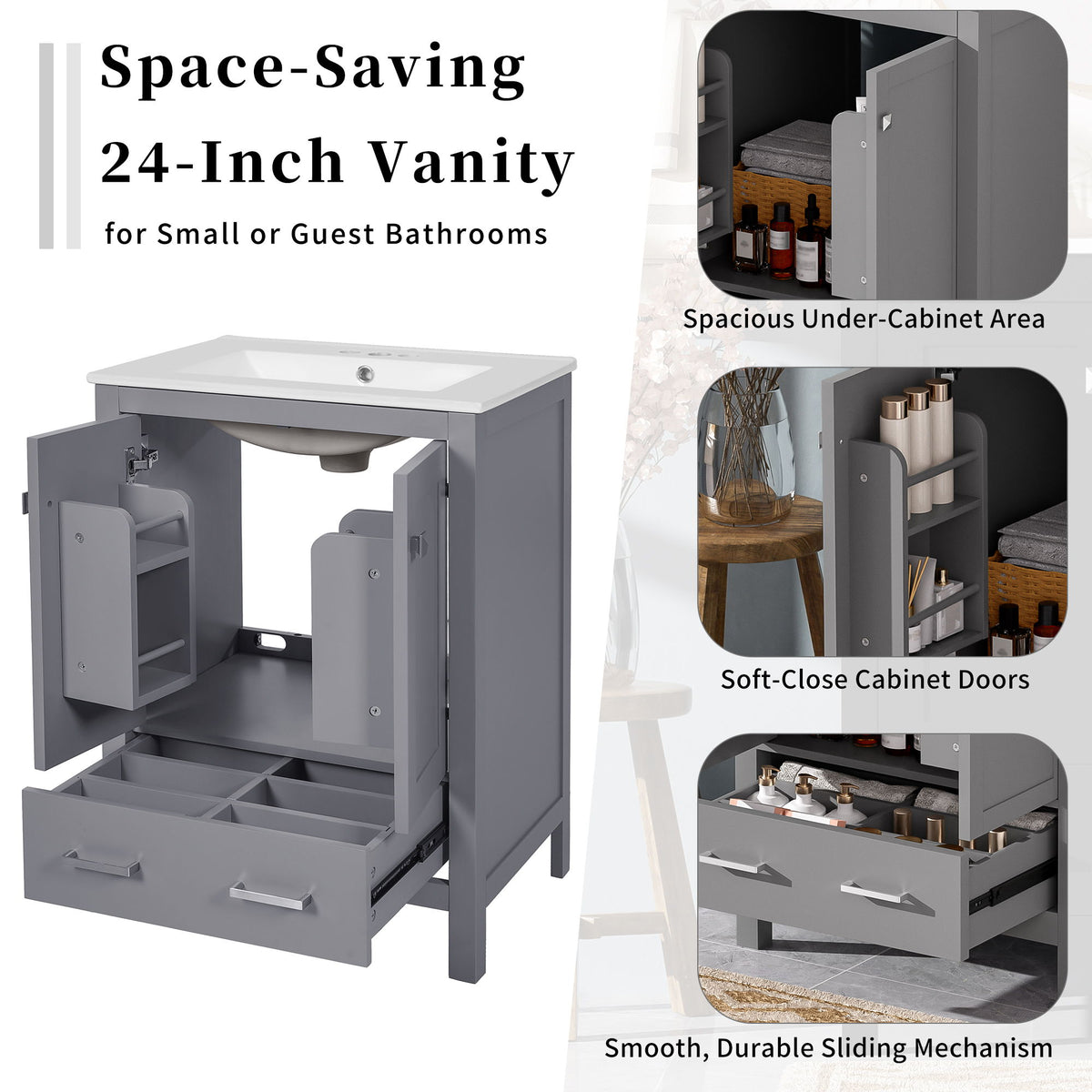 Bathroom Vanity With Integrated Undermount Ceramic Sink, 2 Doors And 1 Drawer, Soft Close Hinges