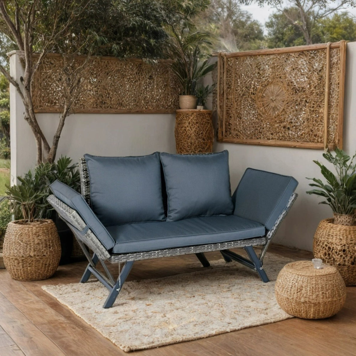 1 Pieces Patio Wicker Side Foldable Bench Patio Backyard Conversation Bench Gray Wicker - Dark Gray