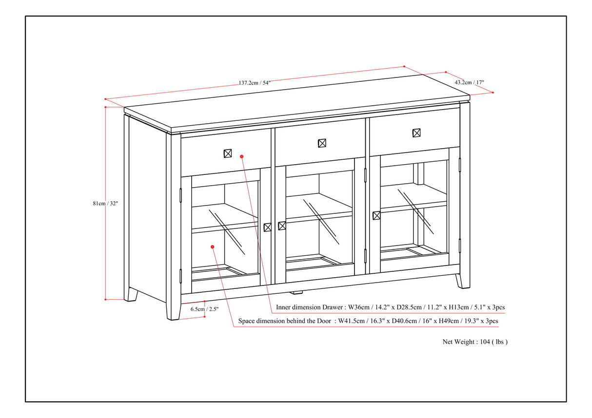 Sideboard Buffet Contemporary Solid Wood 54in x 17in x 32in