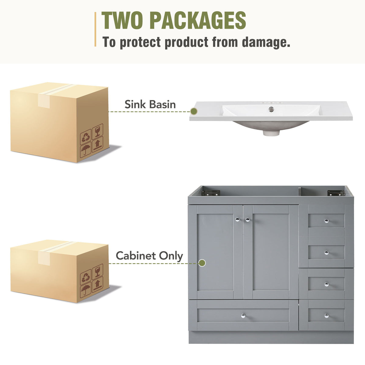 Shaker Free Standing Bathroom Vanity Cabinet With Sink, Soft Close Drawers, Soft Close Doors