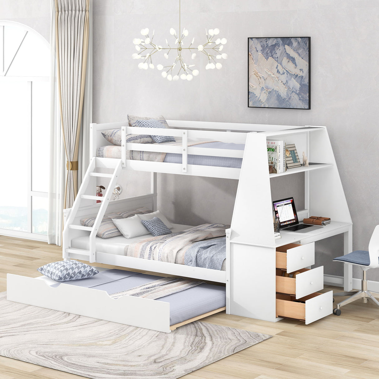 Bunk Bed With Trundle And Built In Desk, 3 Storage Drawers And Shelf