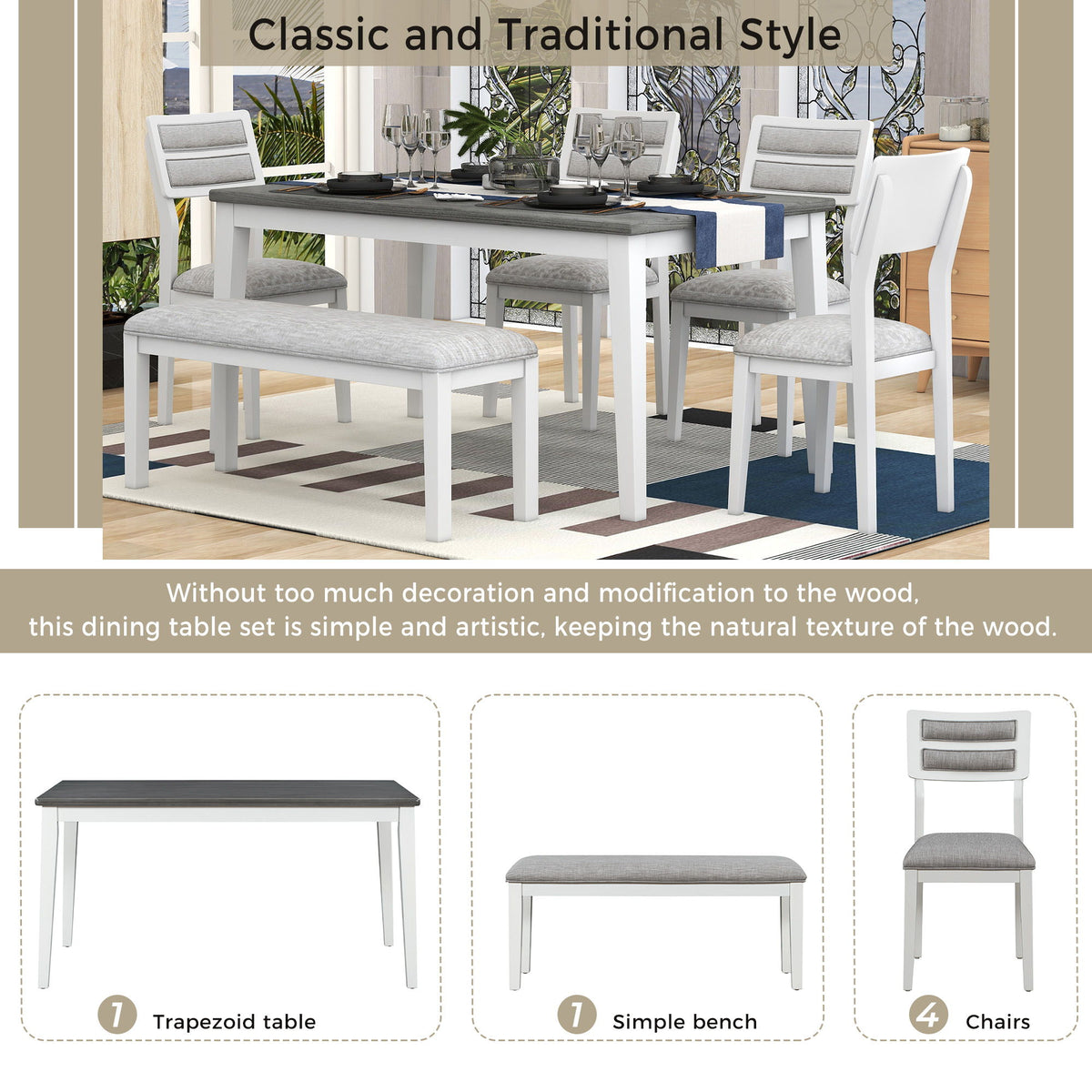 6 Piece Dining Set, Upholstered Chairs And Bench
