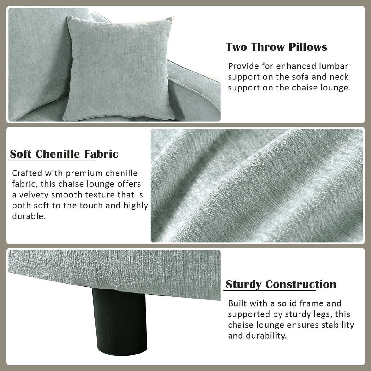 Modern Chaise Lounge Upholstered Sofa Couch With Tufted Seat And Detachable Pillows For Living Room