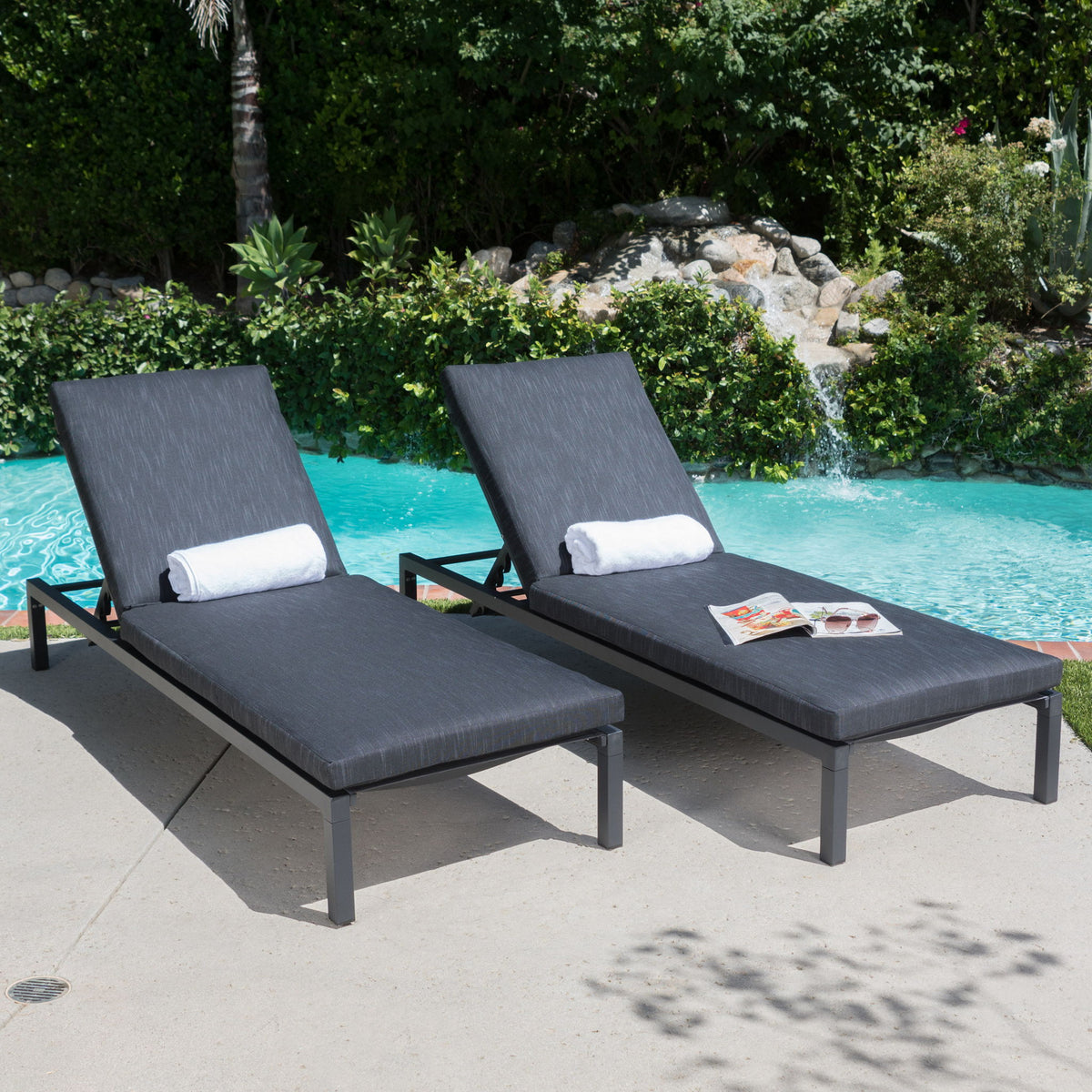 Navan - Modern Chaise Lounge Set With Water Resistant Cushions - Dark Gray