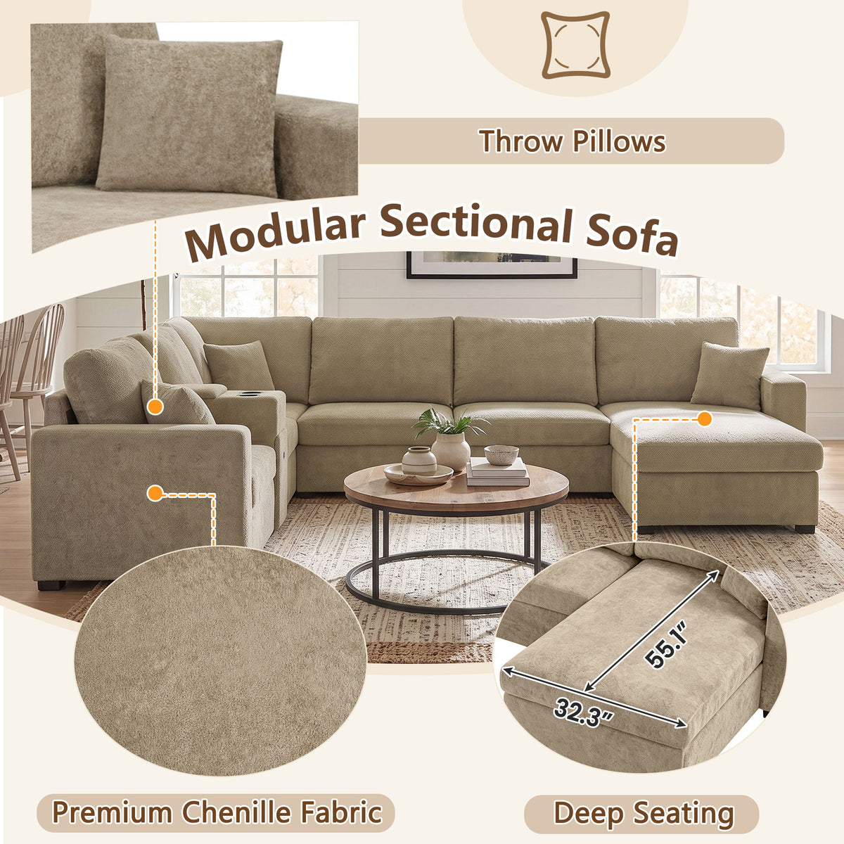 Modular 5 Seat U-Shape Sectional Sofa With Chaise Lounge, Built In Cup Holders And Storage Drawer