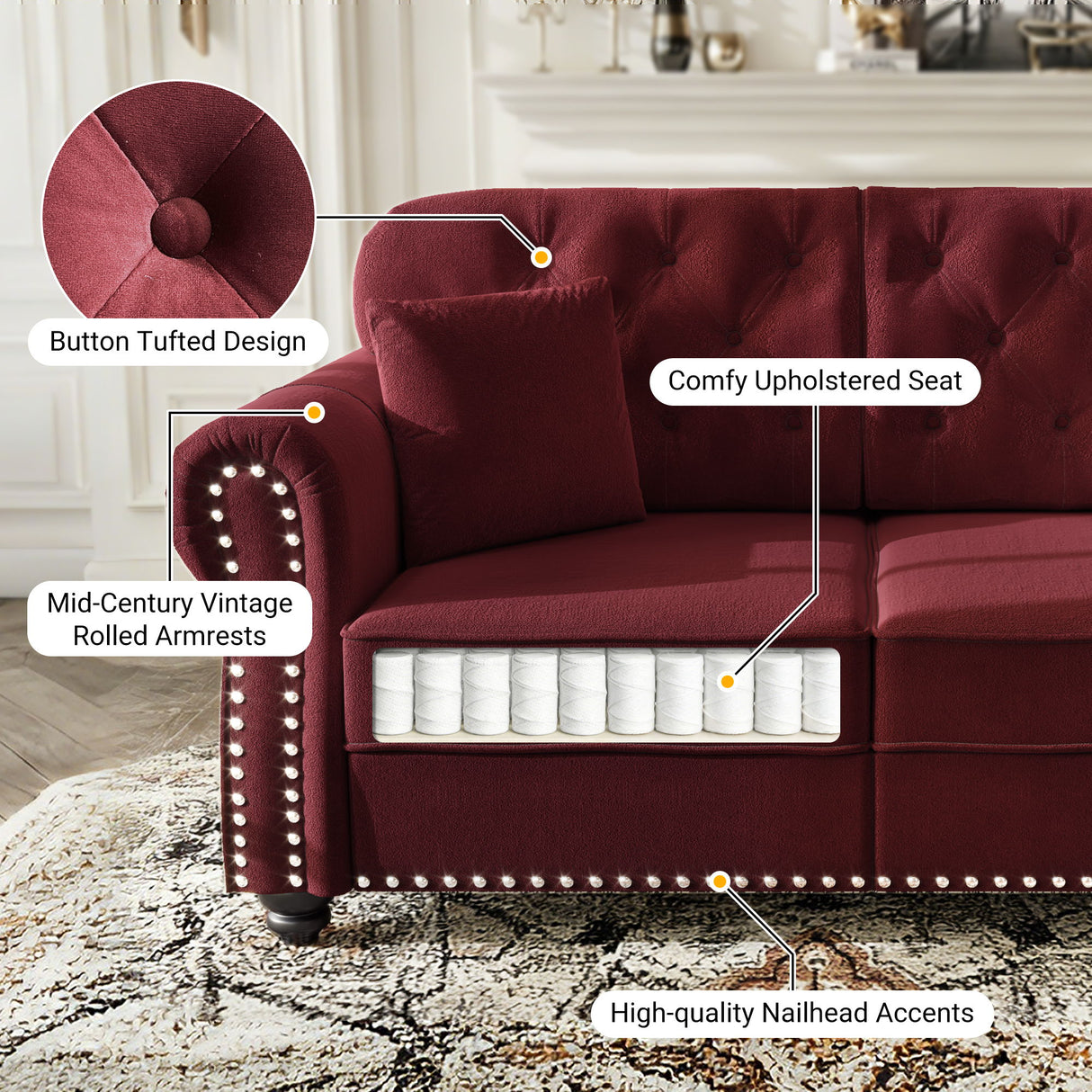 Upholstered Sofa Set With Nailhead Trim And Rolled Armrests, Includes Pillows