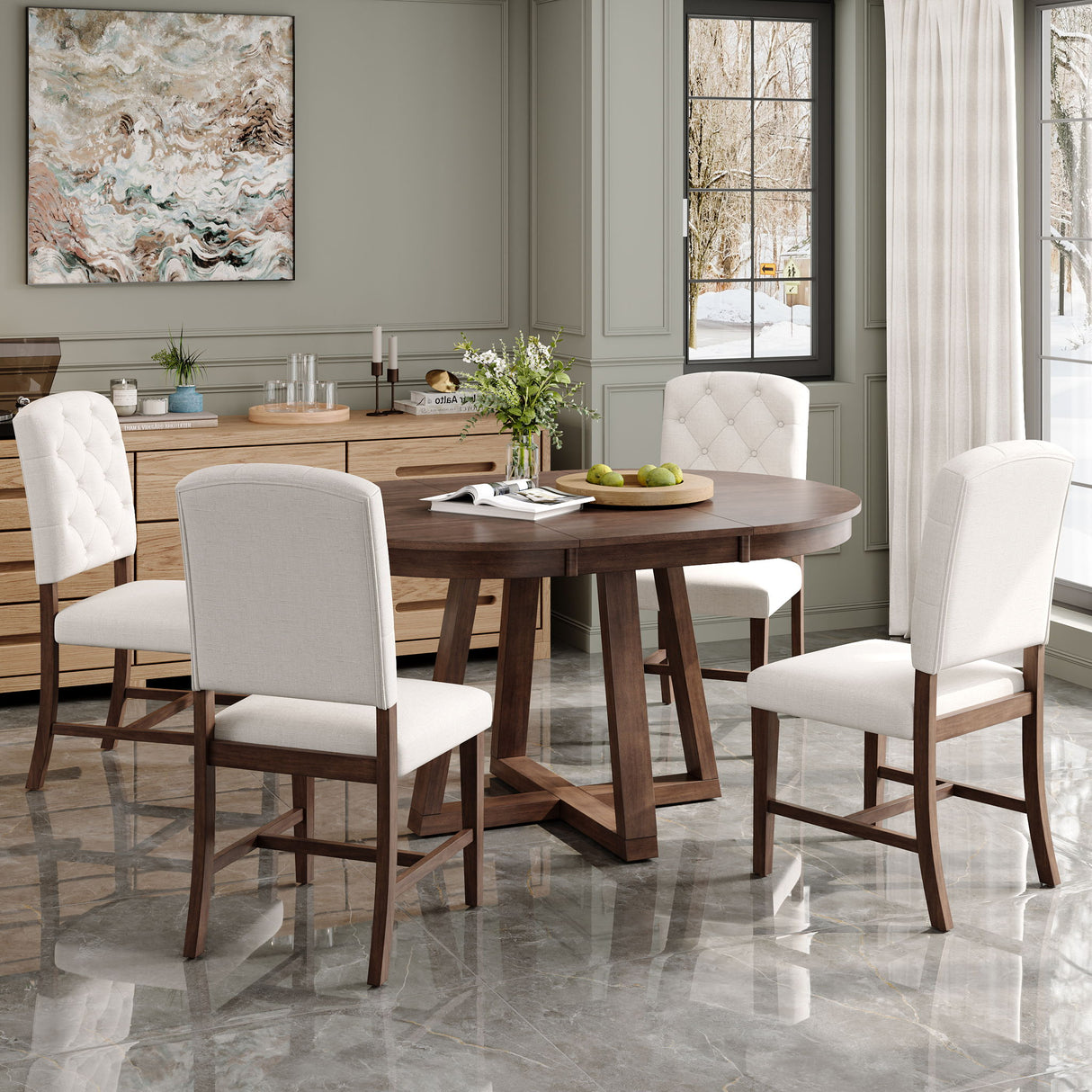 Dining Set With Leaf Round Table And 4 Upholstered Chairs