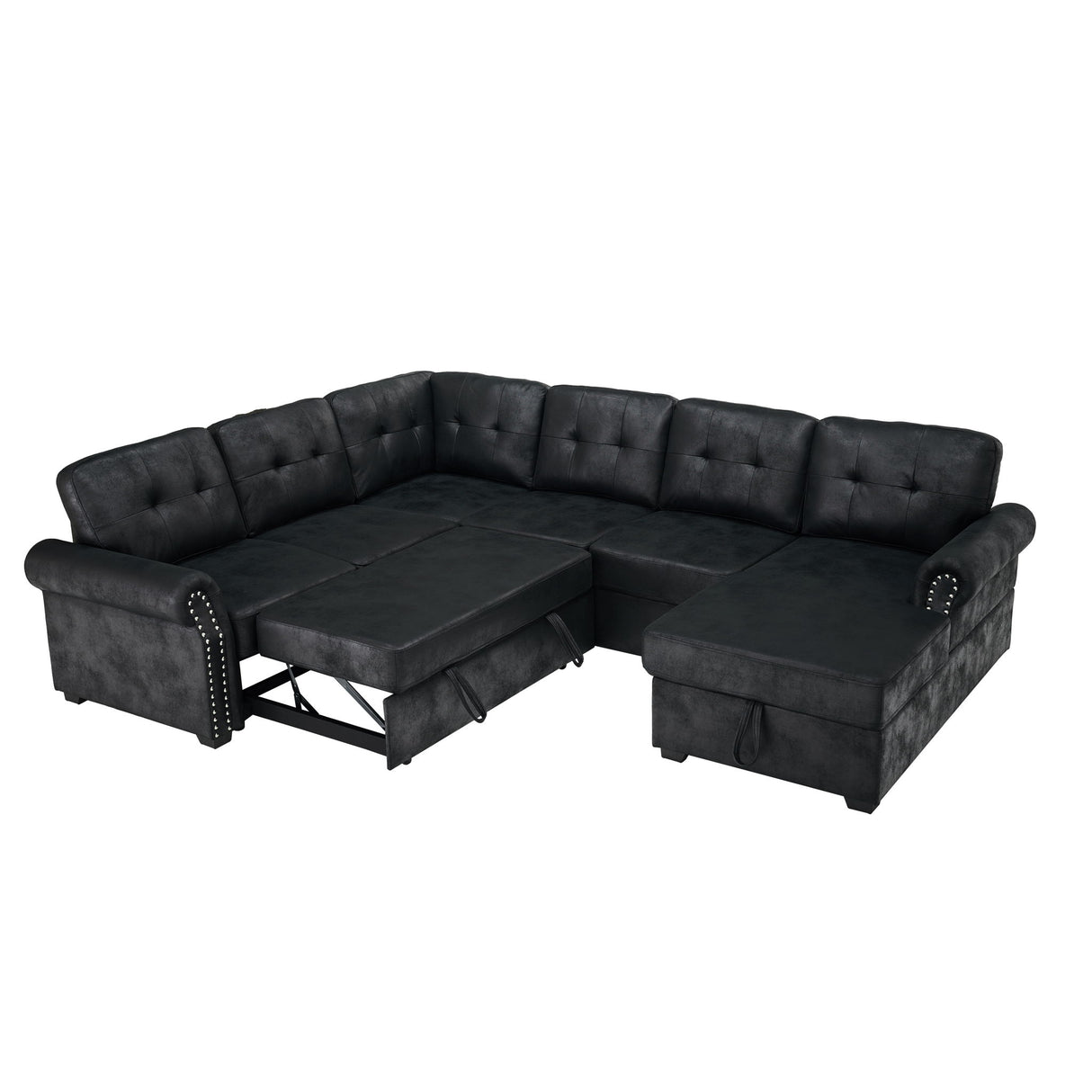 U Shape Sectional Sleeper Sofa With Pull Out Bed And Storage Chaise - Black