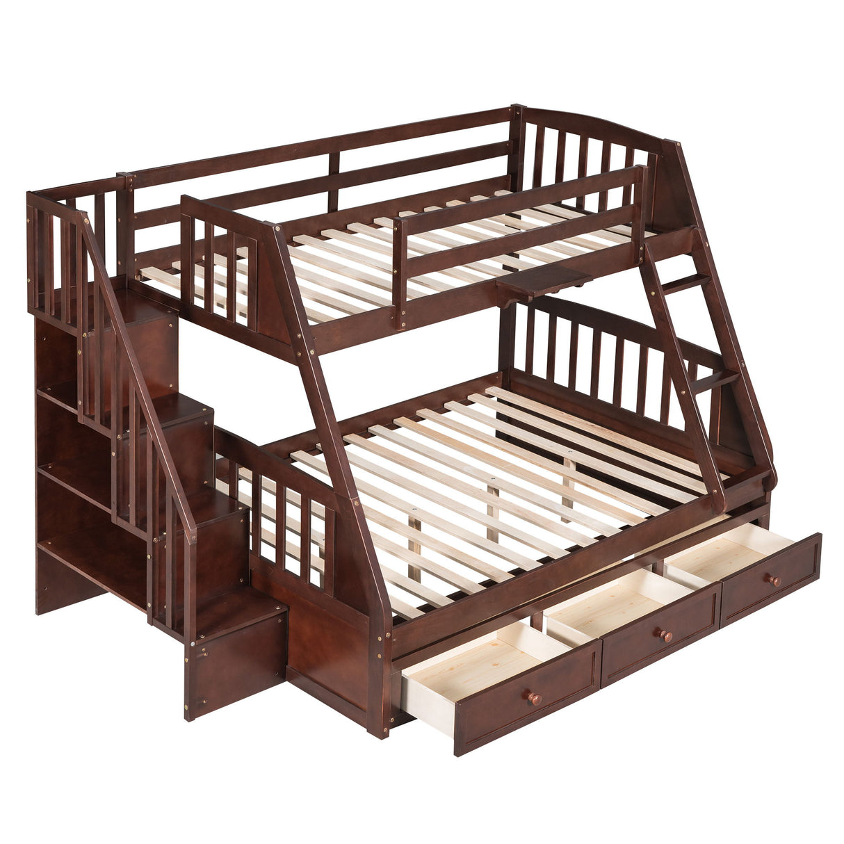 Twin Over Full Bunk Bed With Drawers, Ladder And Storage Staircase - Espresso