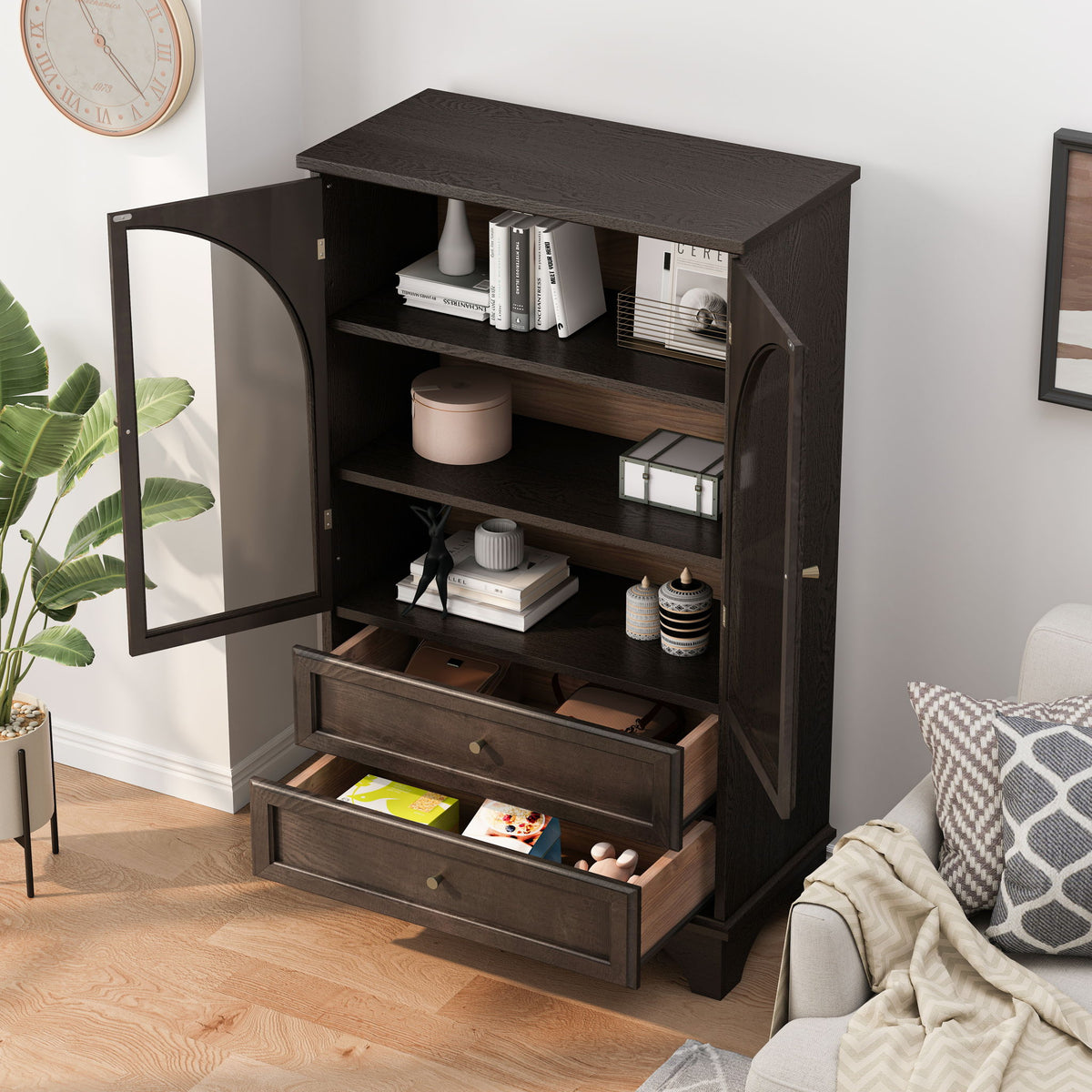 Glass Door Display Case With 2 Drawers And Adjustable Shelf