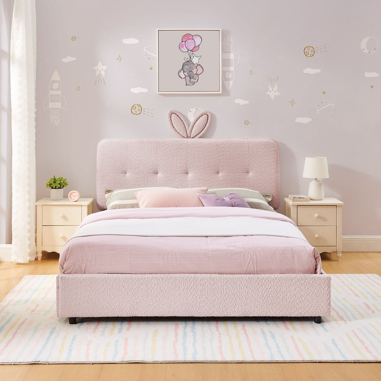 Upholstered Bed With Oversized Rabbit Ear Headboard, LED Lights & 4 Storage Drawers