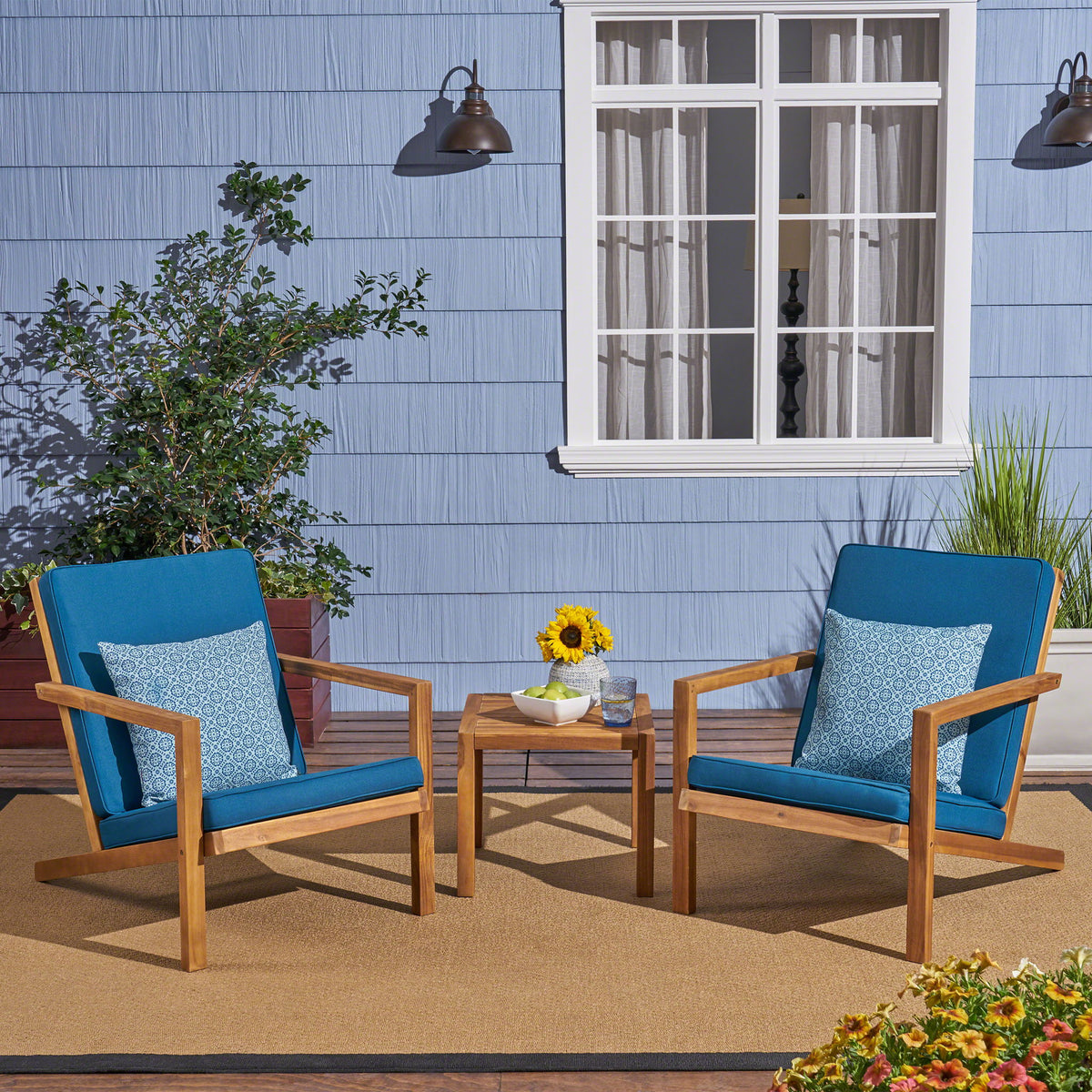 Celestaria - 3 Piece Outdoor Chat Set With Adirondack Chairs, Cushions And Side Table