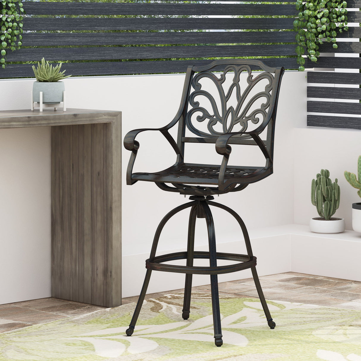 Outdoor Cast Aluminum Swivel Bar Stool With Scrolled Arms - Bronze