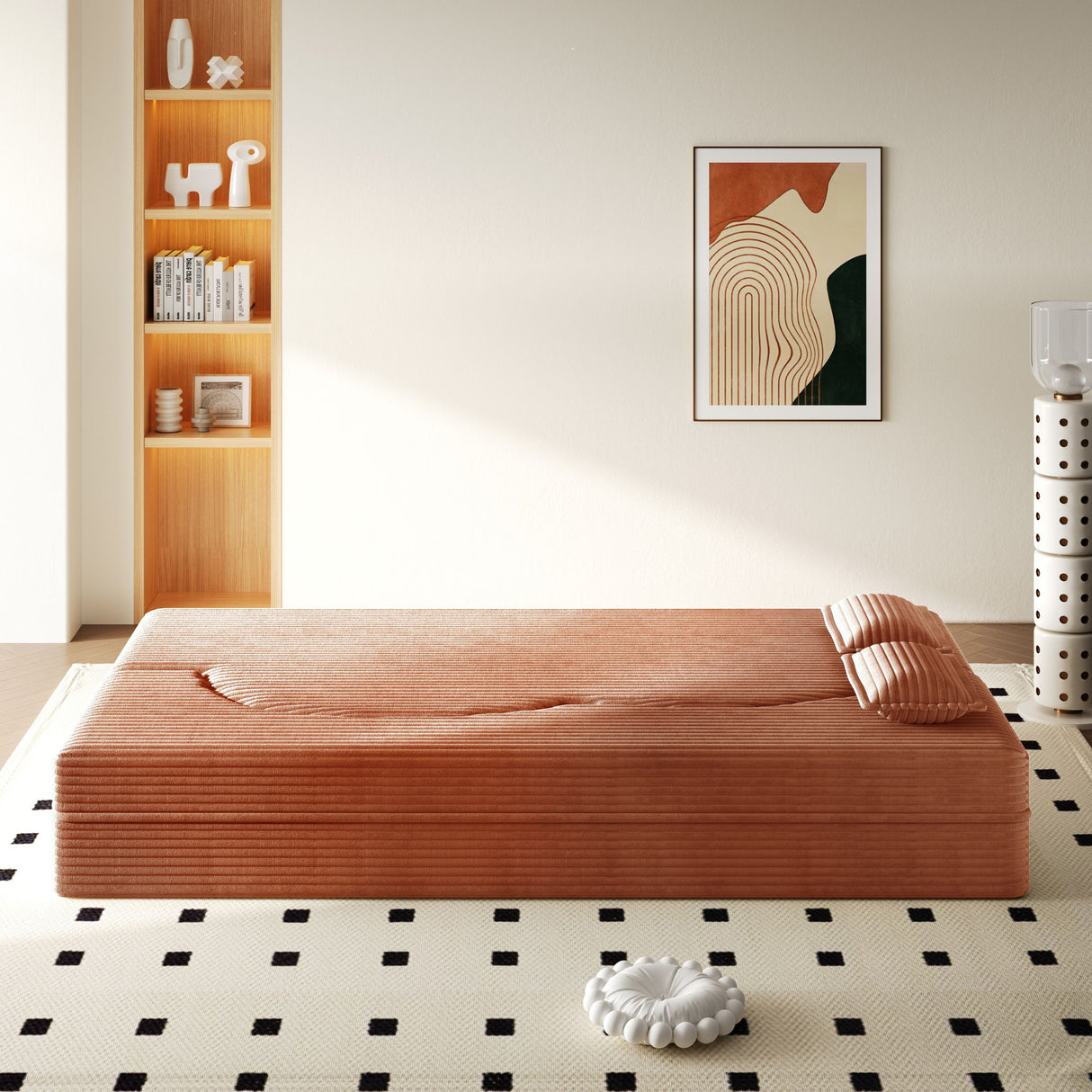 Modern Floor Sofa With 2 Pillows, Convertible Twin Size Folding Mattress For Living Room