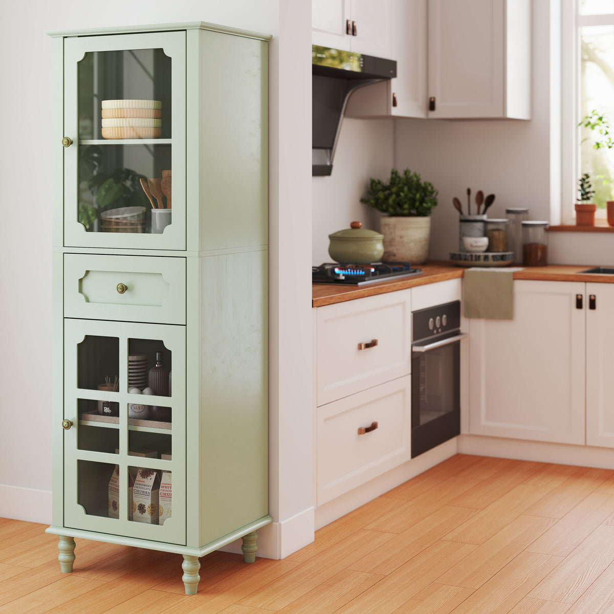 Curio Cabinet, Freestanding Vintage Display Storage Cabinet, Adjustable Shelves - Green
