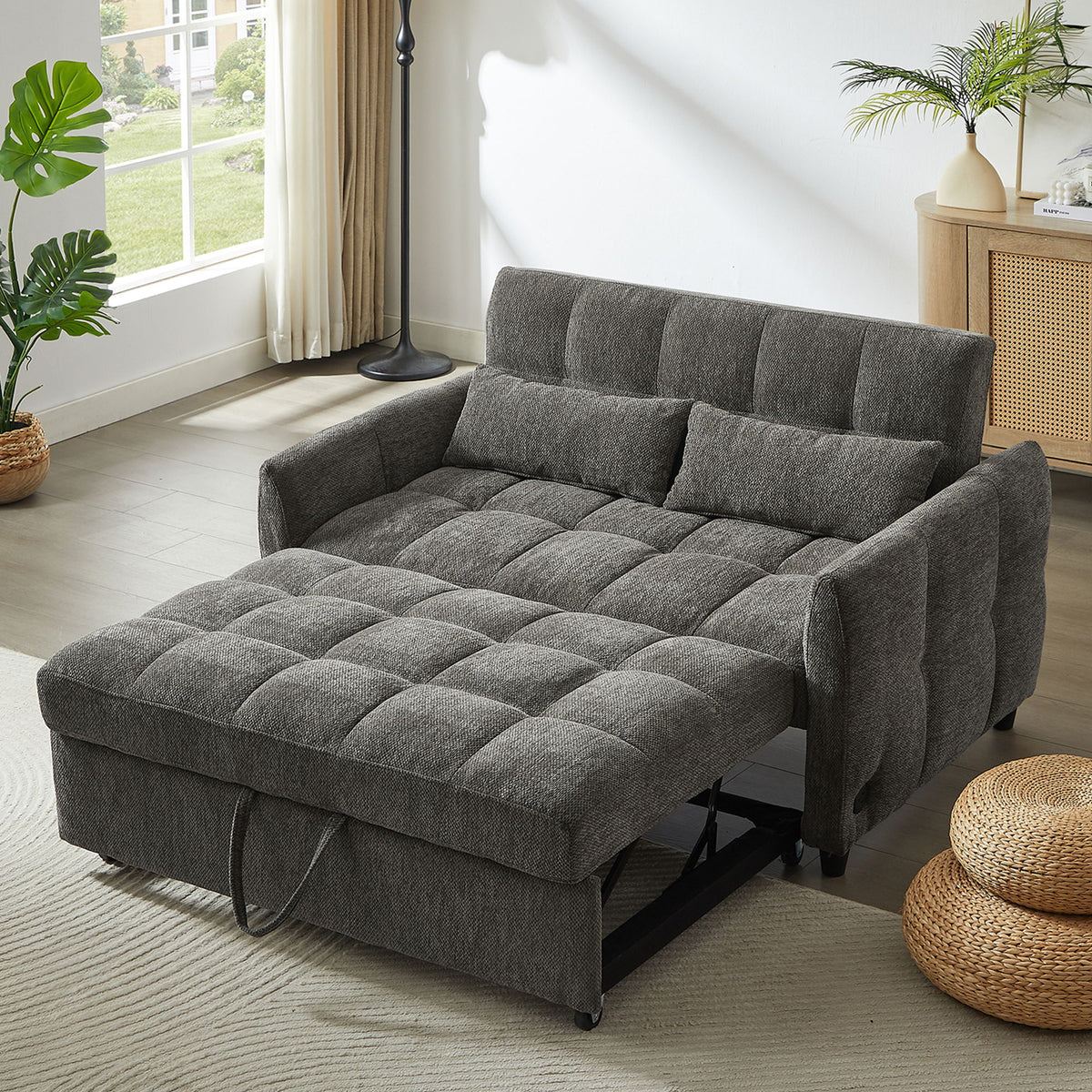 Loveseat Sofa Pull-Out Bed With Adjustable Backrest, 3 USB Ports And 2 Lumbar Pillows For Living Room