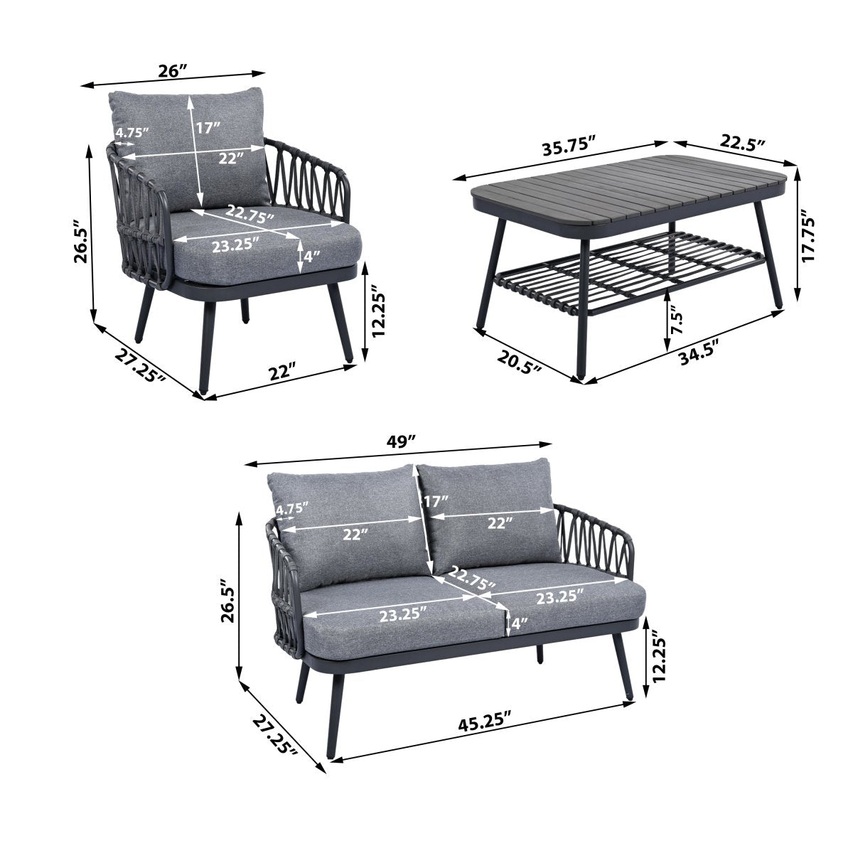 Callira 4-Piece Rope Outdoor Seating Set with Acacia Coffee Table - Outdoor Furniture Sets - Alpine Outlets