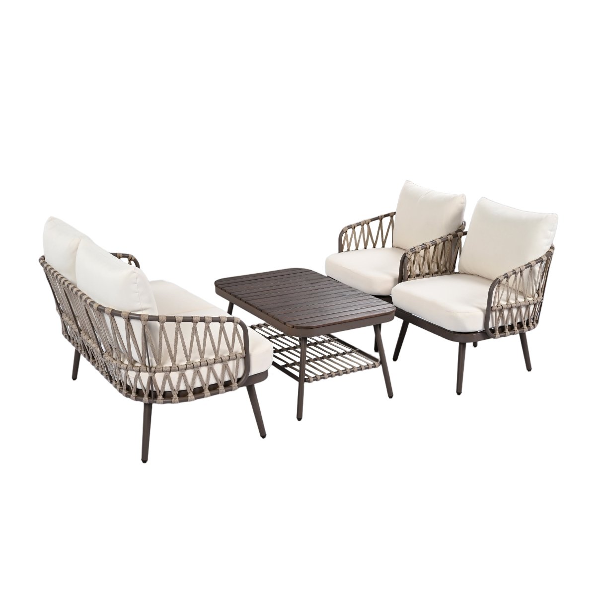 Callira 4-Piece Rope Outdoor Seating Set with Acacia Coffee Table - Outdoor Furniture Sets - Alpine Outlets