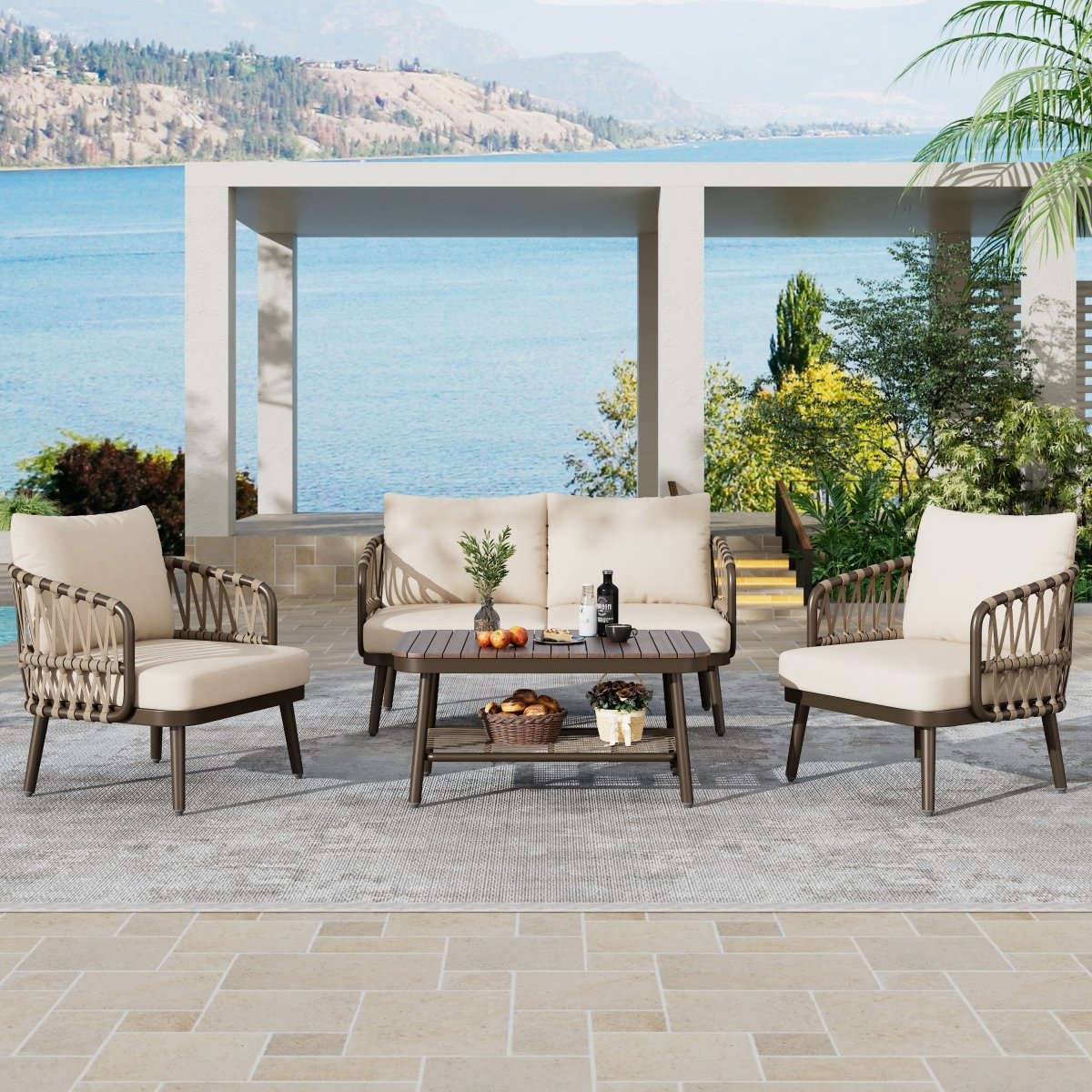 Callira 4-Piece Rope Outdoor Seating Set with Acacia Coffee Table - Outdoor Furniture Sets - Alpine Outlets