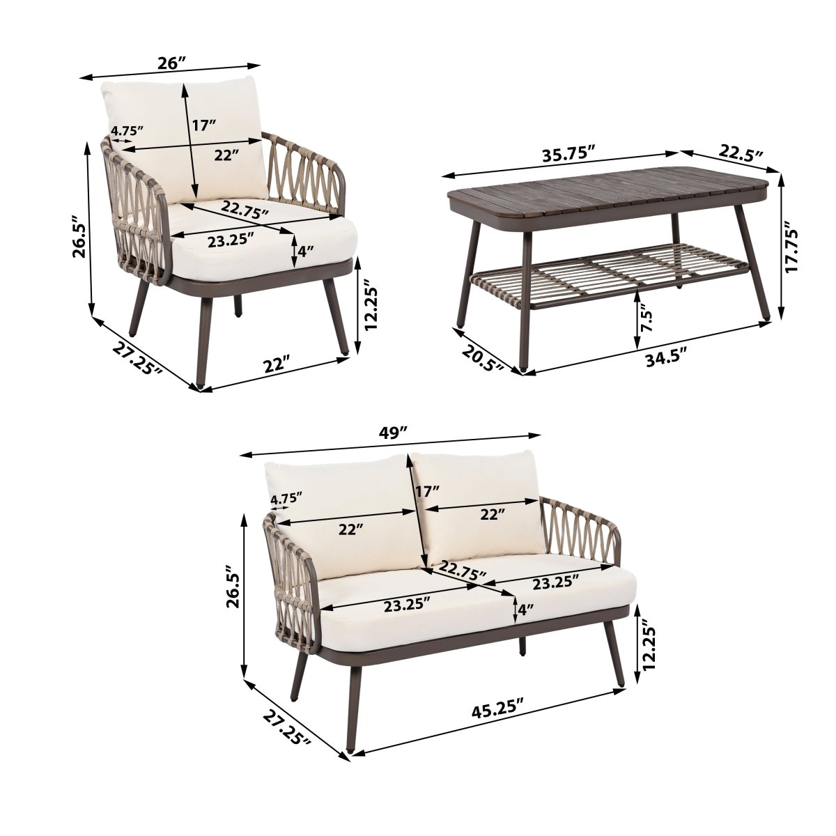 Callira 4-Piece Rope Outdoor Seating Set with Acacia Coffee Table - Outdoor Furniture Sets - Alpine Outlets