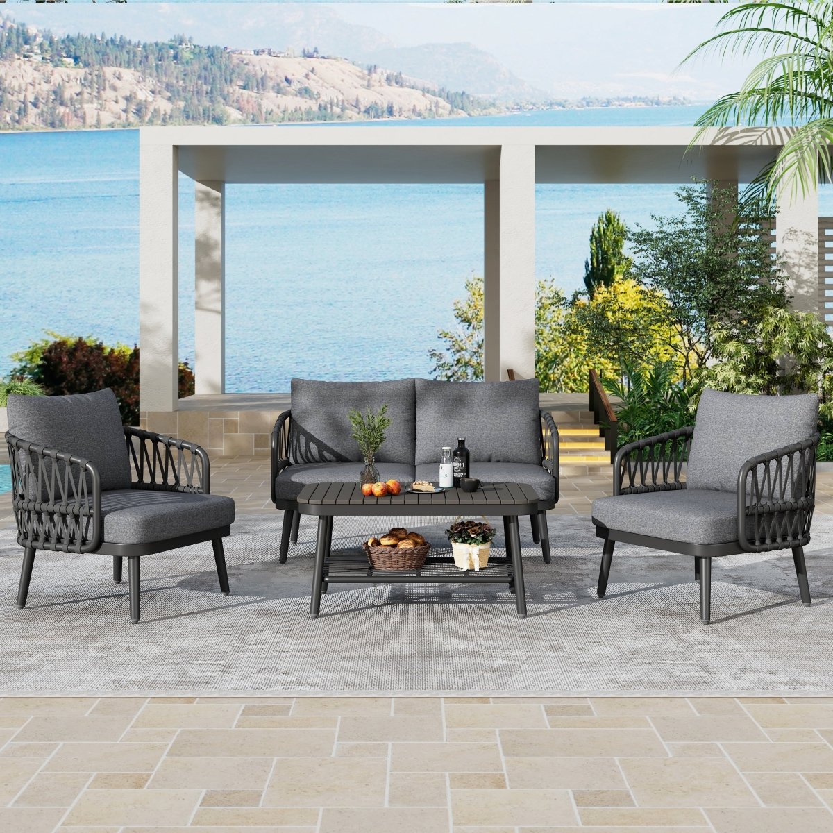 Callira 4-Piece Rope Outdoor Seating Set with Acacia Coffee Table - Outdoor Furniture Sets - Alpine Outlets