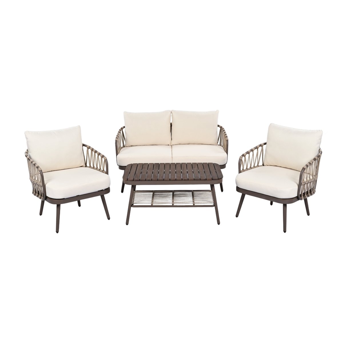 Callira 4-Piece Rope Outdoor Seating Set with Acacia Coffee Table - Outdoor Furniture Sets - Alpine Outlets