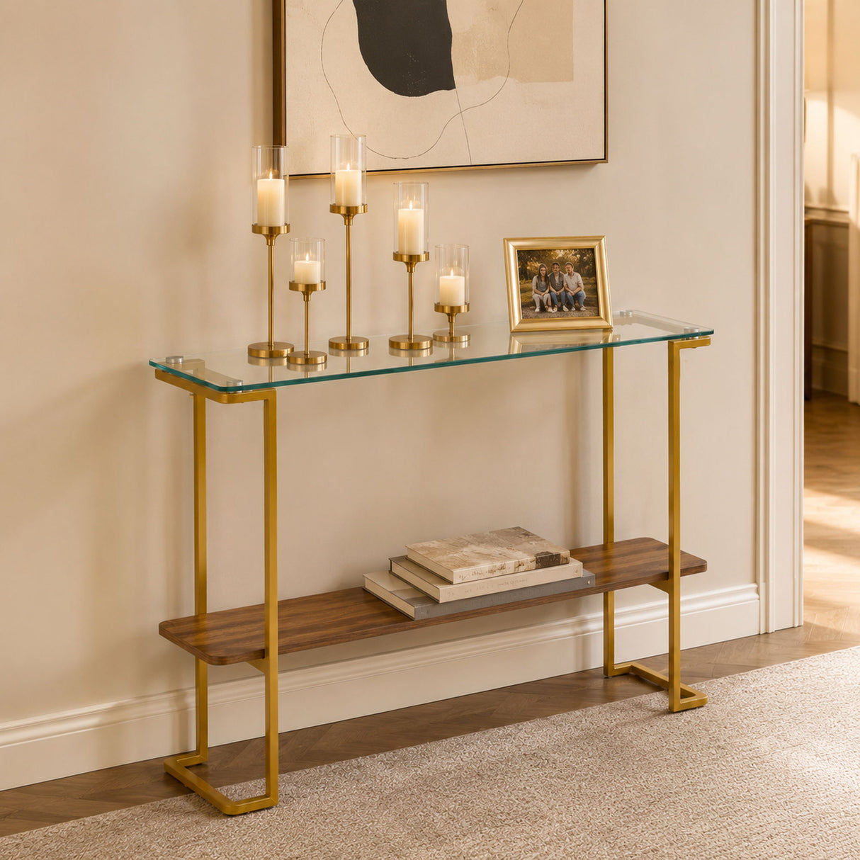 Console Table With Shelf, 2 Tier Living Room - Gold / Walnut