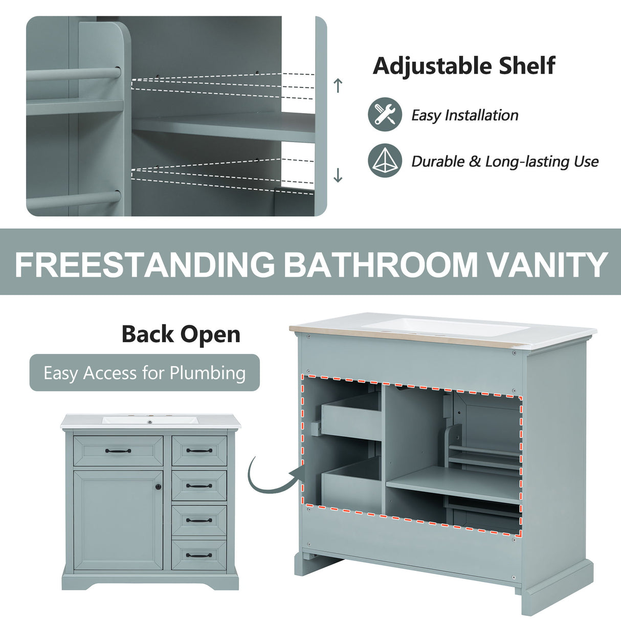 Bathroom Vanity With Ceramic Sink, Freestanding Design, 2 Tip Out Drawers, Soft Close Hinges - Gray