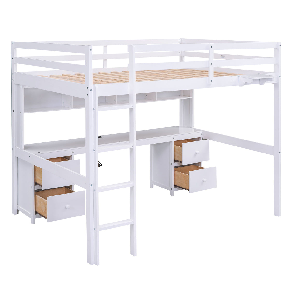 Loft Bed With Desk, Cabinets, Drawers, Charging Station And Bedside Tray