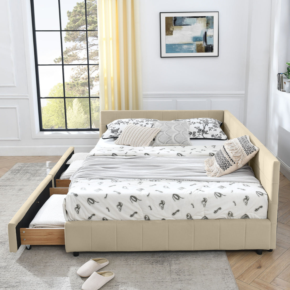 Upholstered Storage Tufted Bed Frame With Backrest And Armrests