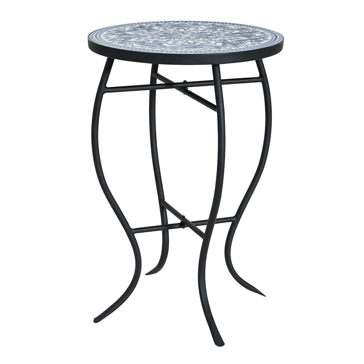 Outdoor Round Side Table With Mosaic Style Top And Curved Iron Legs