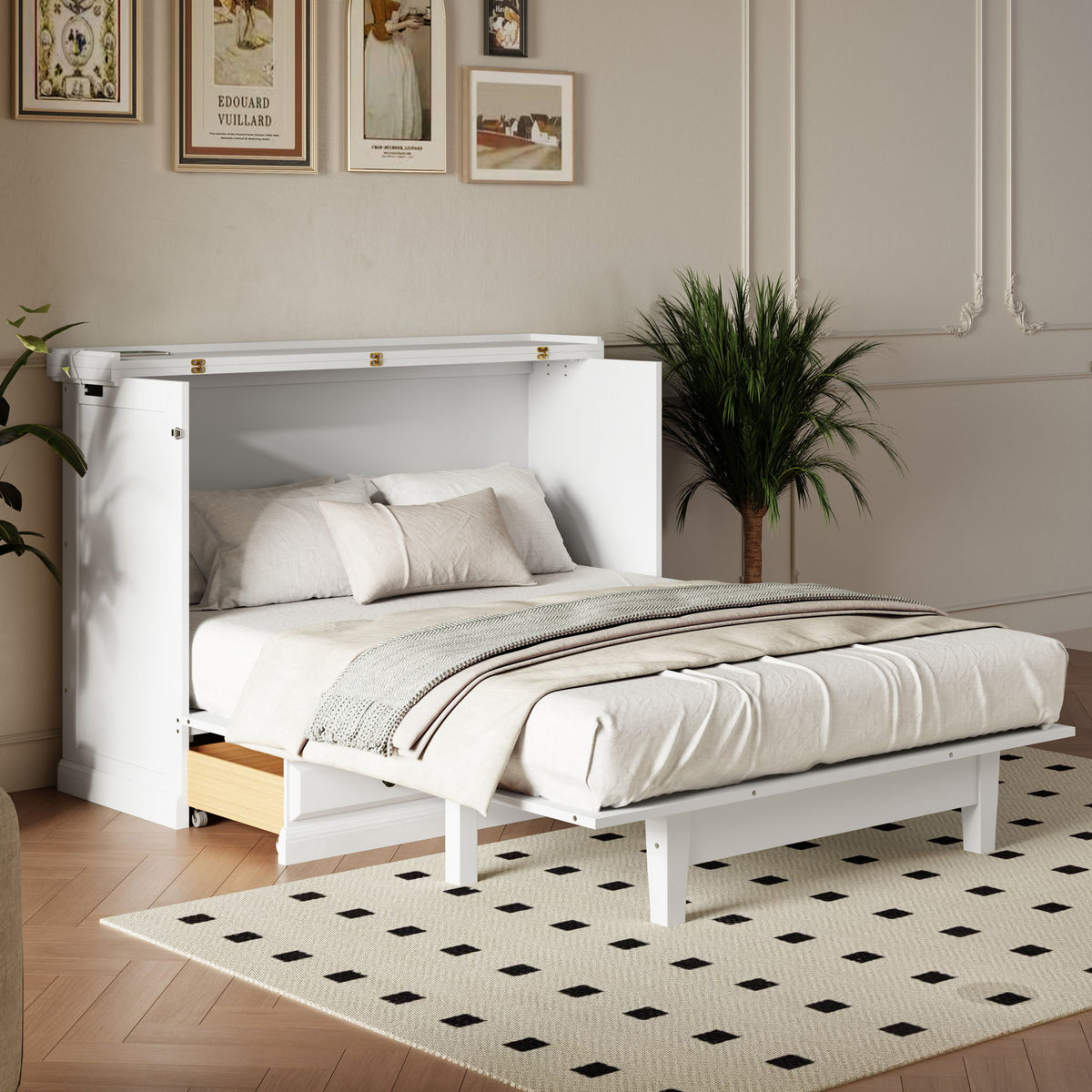 Full Solid Pine Murphy Bed Chest Cube Cabinet Bed With Charging Station And Large Storage Drawer For Home Office Or Small Room - White